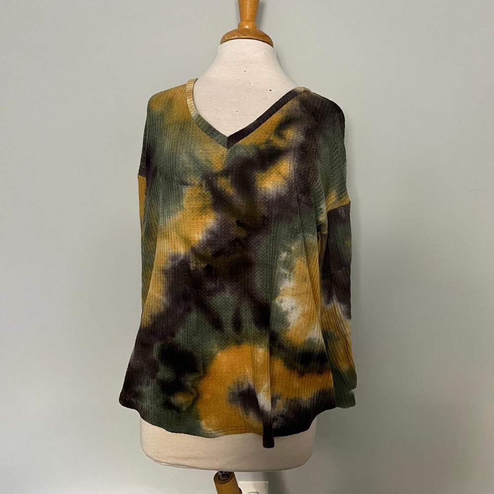 Bibi Black Yellow Green Waffle Knit Pullover Top Size L Comfy Cozy